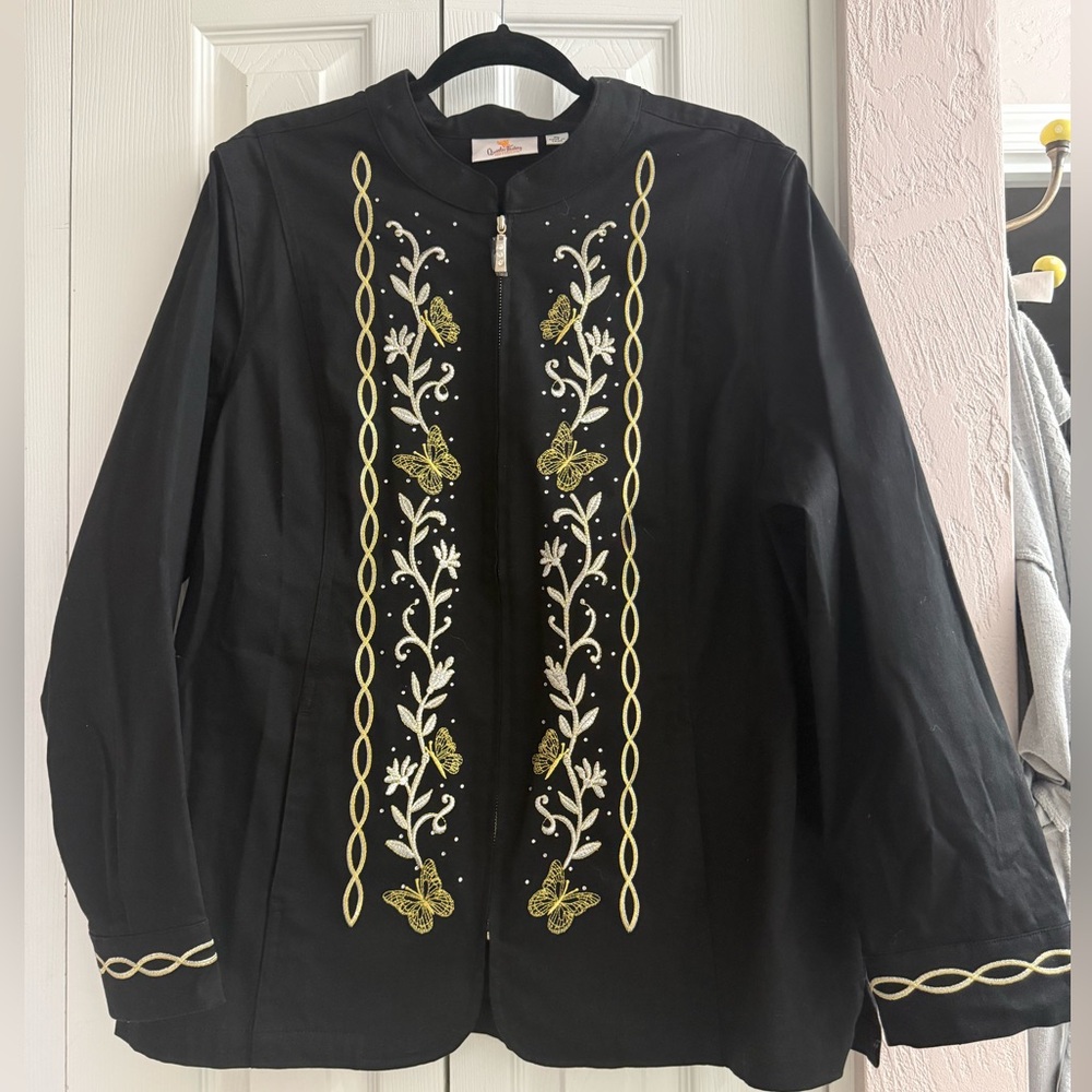 Quacker Factory Womens Jacket Black Butterfly Embroidered Career Zip Pockets XXL